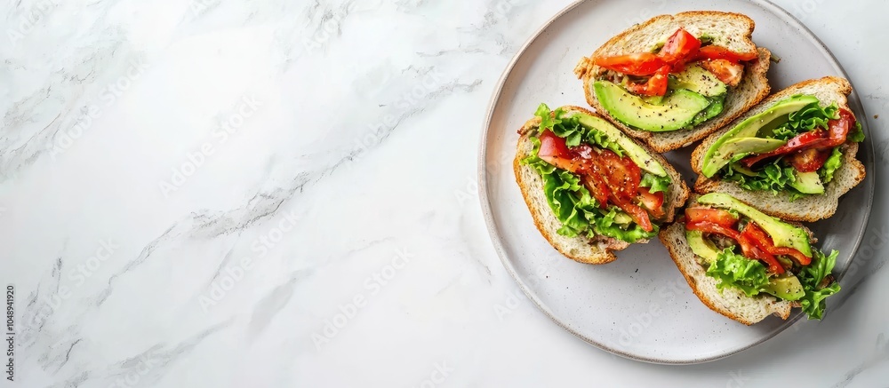 Poster Tasty avocado sandwiches on a white marble table top view Room for text. with copy space image. Place for adding text or design