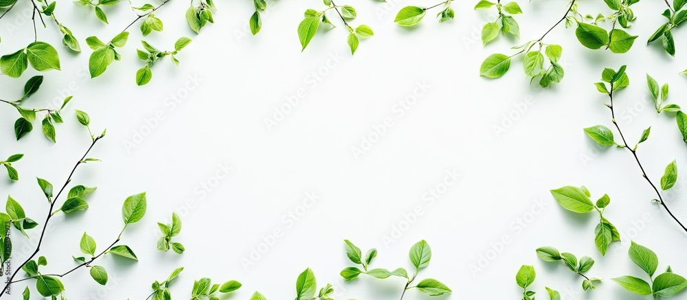 Fototapete frame made of spring twigs with green leaves on a white background. with copy space image. place for
