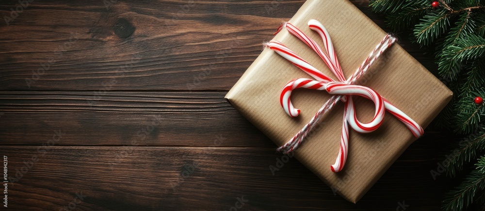 Poster christmas gift with candy canes on a dark wooden surface in a vintage style. with copy space image. 