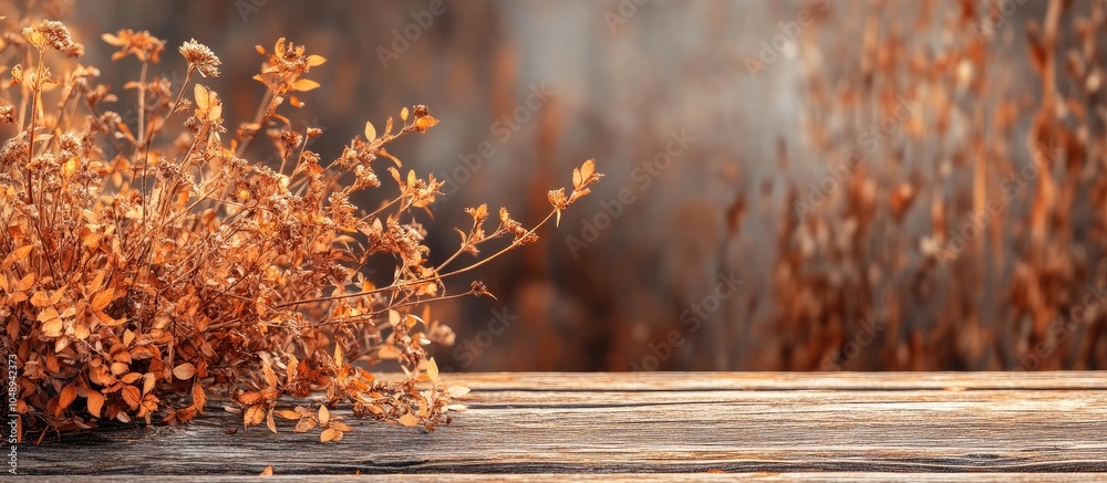 Leinwandbilder Autumn backdrop featuring dry Fall decorations on wood Side view toned image emphasizing the decorations Area for your text. with copy space image. Place for adding text or design