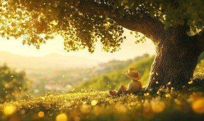 Obraz premium A person sitting under a tree in a field of