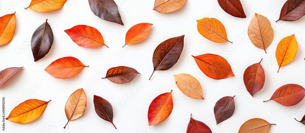Leinwandbilder autumn flat lay backdrop featuring colorful dried leaves on a white surface. with copy space image. 