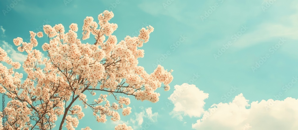 Leinwandbilder spring season image a flowering tree set against a blue sky vintage photo toning. with copy space im