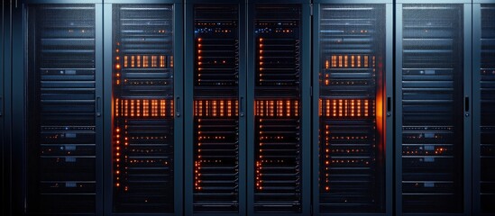 Racks for servers and hard drives A supercomputing data center for cloud computing cryptocurrencies and NFTs. with copy space image. Place for adding text or design