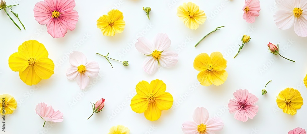 Fototapete Delicate yellow and pink flowers of spring and summer on a light backdrop Concept of nature and minimalism Top view flat lay. with copy space image. Place for adding text or design