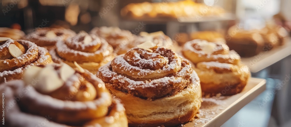 Leinwandbilder selective focus on freshly baked cinnamon rolls. with copy space image. place for adding text or des