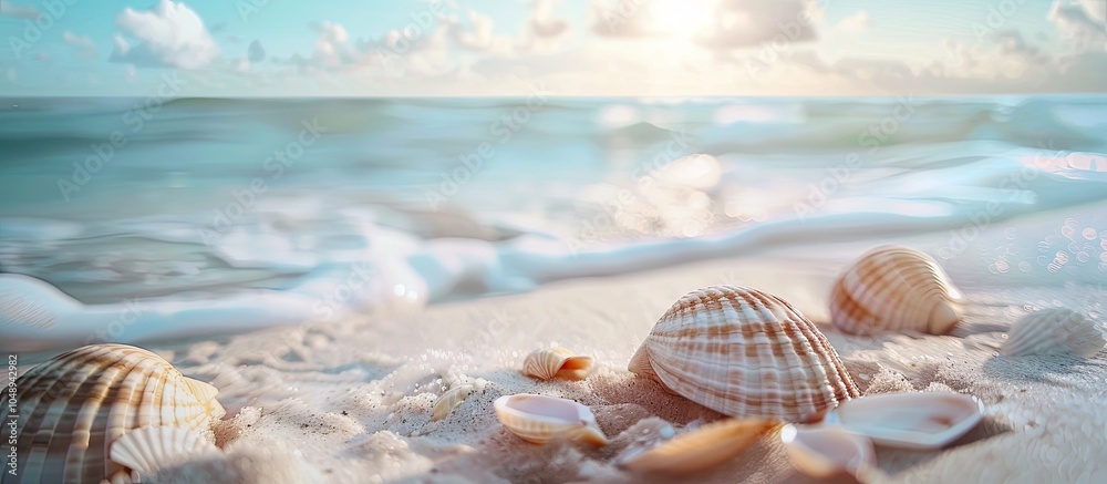 Poster Lovely seashells on a sandy shore. with copy space image. Place for adding text or design