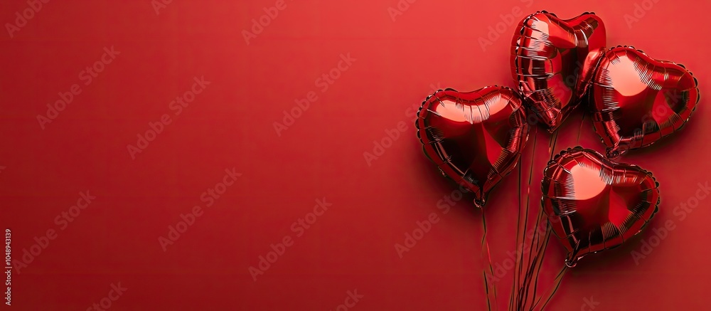 Poster heart shaped foil balloons on a red background from a top view copy space celebratory background for