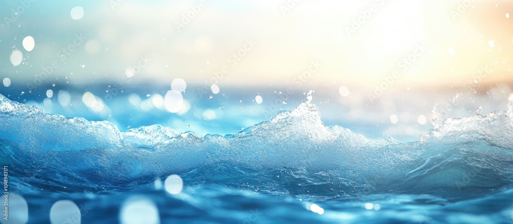 Poster Water blur with bokeh created by sunlight on blue water Abstract blurred background banner featuring copyspace