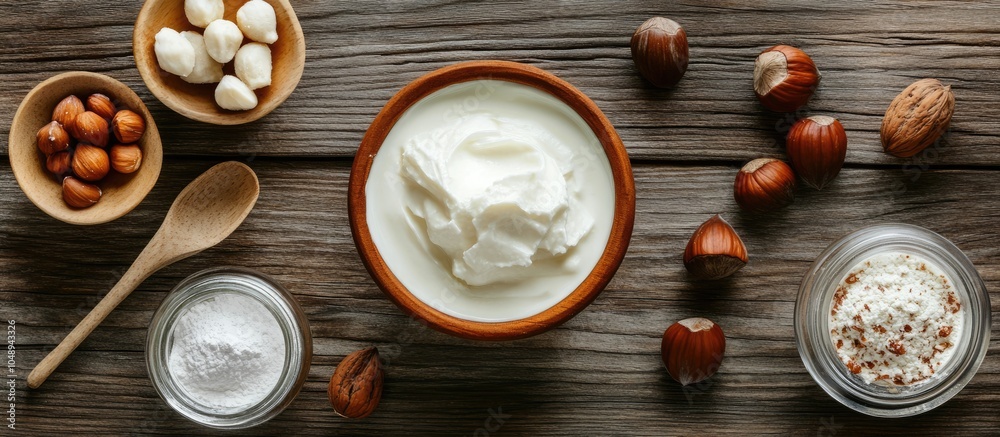 Leinwandbilder Hazelnut cream ingredients displayed on a rustic wooden table. with copy space image. Place for adding text or design