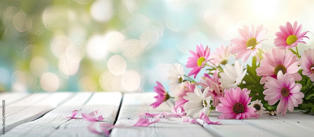 Leinwandbilder lovely flowers on a blurred abstract background with a white wooden surface. with copy space image. 