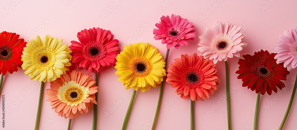 Poster Vibrant and colorful gerbera flowers on a pink background arranged in a flat lay Room for text. with copy space image. Place for adding text or design