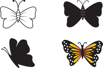Butterflies silhouette flying on white background. Vector illustration set and color, white and black