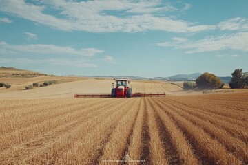 Obraz premium Tractor harvesting crops in a sunlit field during early autumn in rural countryside