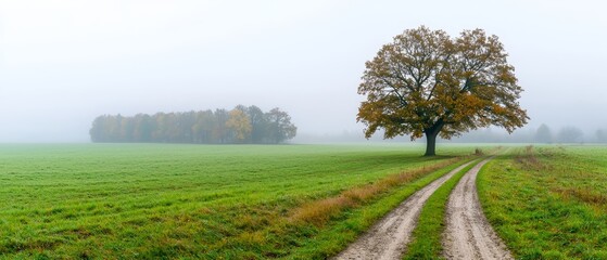  A solitary tree stands in a fog-shrouded field, its silhouette framed by a dirt road in the foreground and an enigmatic foggy sky behind