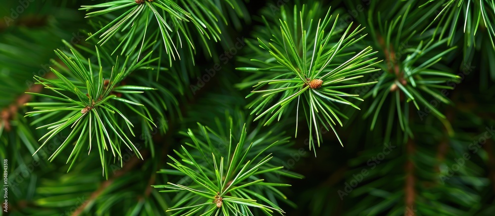 Fototapete Close up of bright green pine needles serving as a natural background. with copy space image. Place for adding text or design