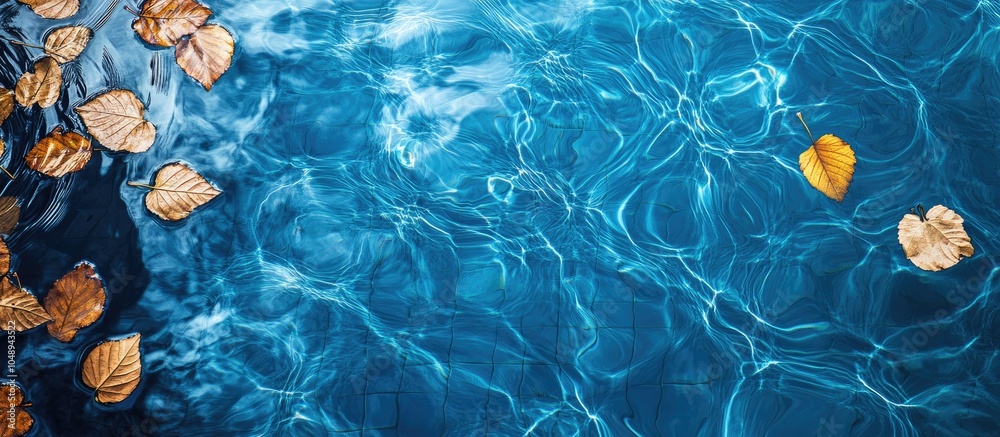 Aufkleber Top view of a blue swimming pool surface with reflections on the blue water swirl pattern texture and blue tiles Leaves in the murky water swimming pool is open Background backdrop with copyspace