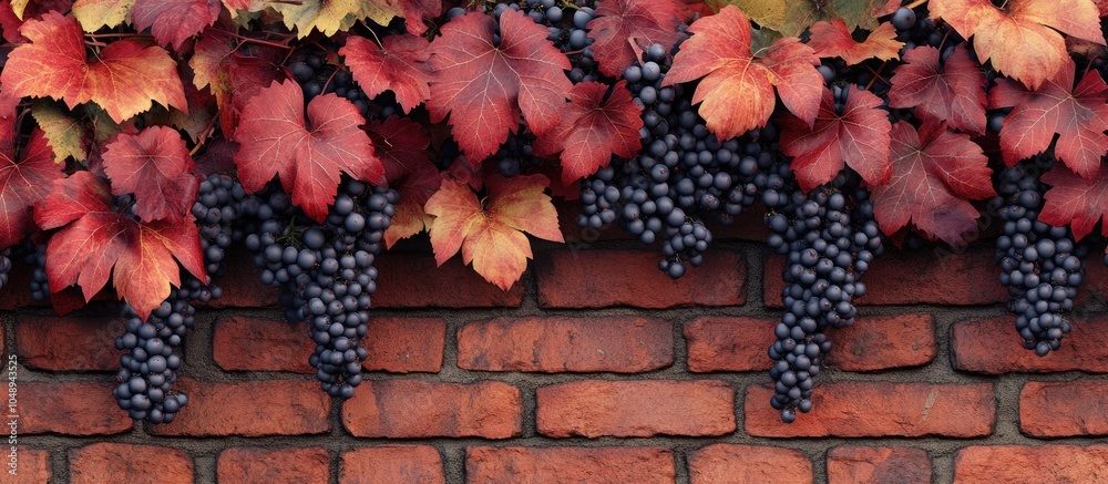 Poster red leaves of wild grapes with berries on a brick fence a classic creative background for various de