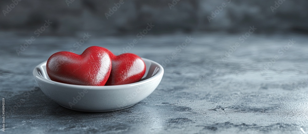 Poster Stone heart in a porcelain dish on a gray surface Valentine s Day. with copy space image. Place for adding text or design