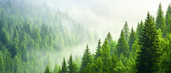 Fototapeta premium A forest teeming with numerous green trees atop a lush, green forest during a foggy day
