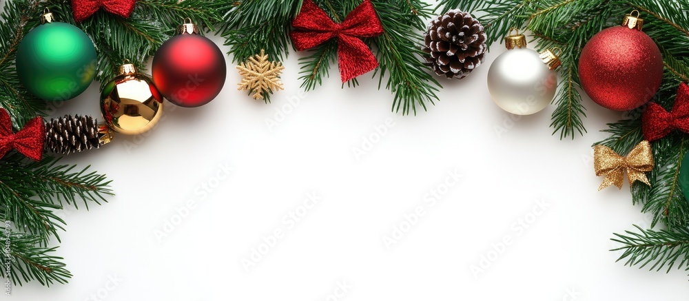 Poster christmas frame featuring red green and gold balls bows fir branches and pine cones set against a wh