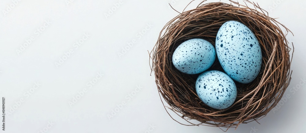 Aufkleber Blue speckled Easter egg and nest on a white background Flat lay Top view. with copy space image. Place for adding text or design
