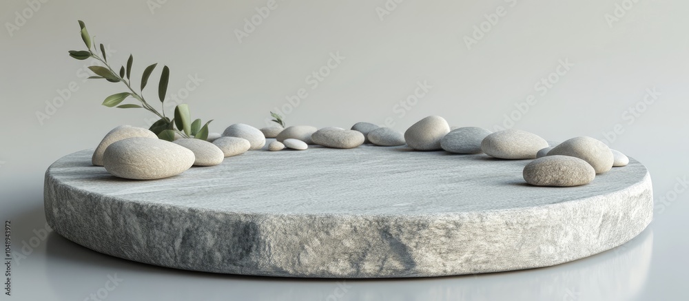 Poster Presentation for a product Stone podium and pebbles on a light gray background Area for text. with copy space image. Place for adding text or design