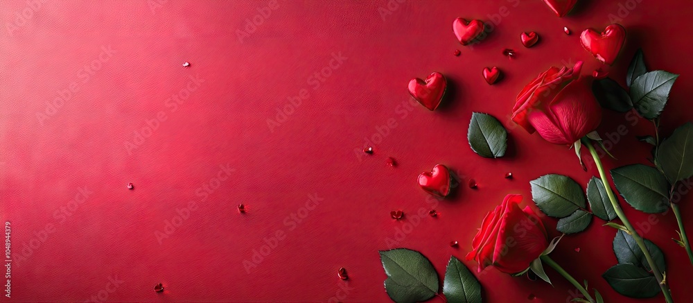 Aufkleber valentine s day celebration concept background roses and hearts on a red table background top view. 