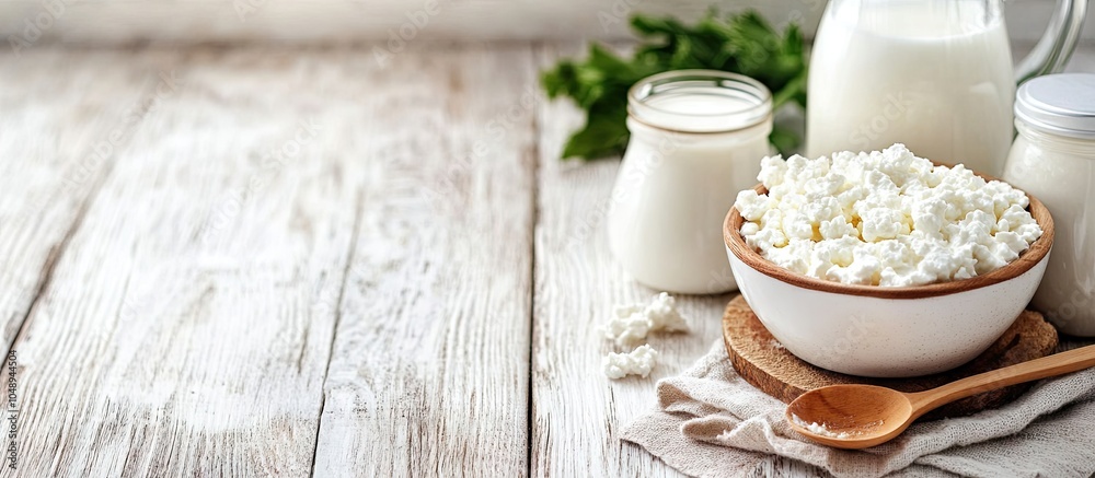 Aufkleber various dairy items on a rustic white wooden table a bowl of cottage cheese a jar of sour cream with