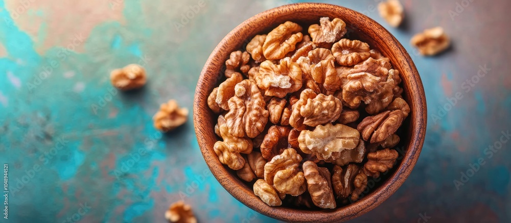 Poster Walnut kernel halves in a wooden bowl viewed from above on a colorful background Emphasizing healthy eating with walnuts Superfoods with copyspace
