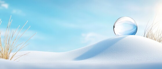  A snow-covered hill against a blue sky In the foreground, another hill is visible, its peak crowned with green grass