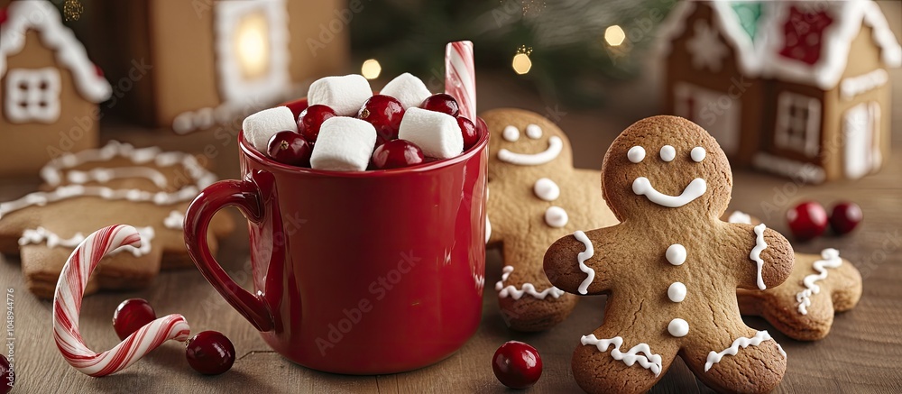 Poster gingerbread men alongside a red cup filled with marshmallows a candy cane and cranberries with ginge