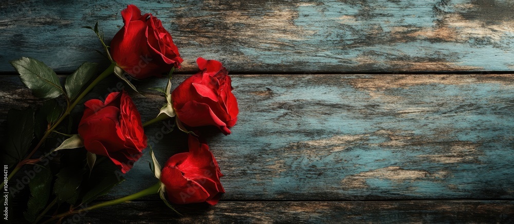 Poster Red roses on a weathered wooden surface. with copy space image. Place for adding text or design