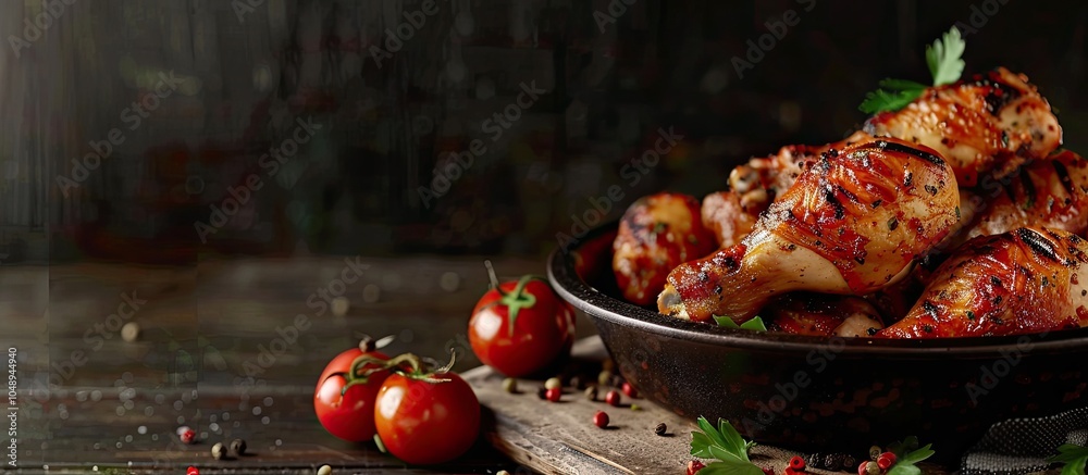 Aufkleber baked chicken legs with a tomato in a bowl on a table with selective focus and copy space