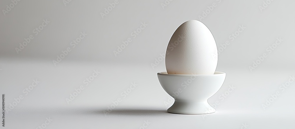 Leinwandbilder close up of a white duck egg placed in a white egg cup against a white background. with copy space i