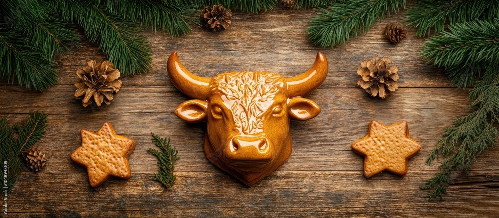 Aufkleber ginger cakes shaped like a bull s face on a wooden surface with a backdrop adorned with fir branches