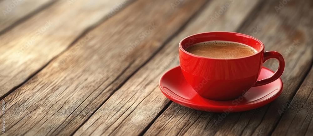 Poster red cup of delicious coffee set on a wooden table. with copy space image. Place for adding text or design