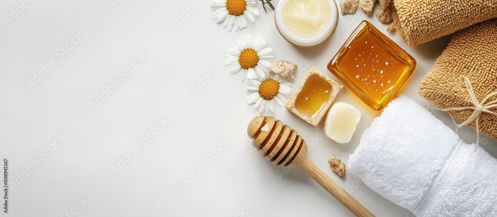 Aufkleber Honey spa set featuring natural honey soap cream towel and pumice stone on a white background with space for text from a top view. with copy space image. Place for adding text or design