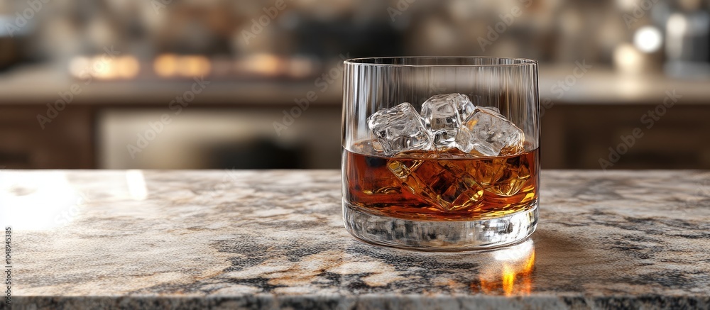 Poster Glass of whiskey liquor with ice on the rocks on a granite counter enjoying a sip of this classy drink Close up of the beverage savoring scotch or bourbon. with copy space image