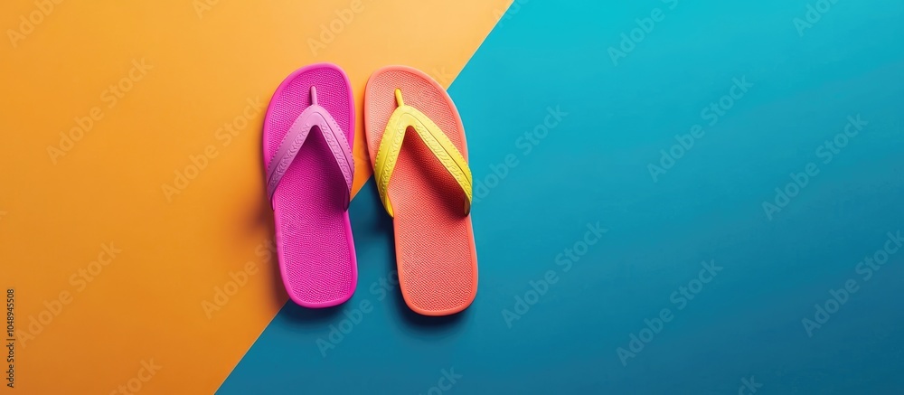 Poster Stylish flip flops on a colored background arranged flat Area for text. with copy space image. Place for adding text or design