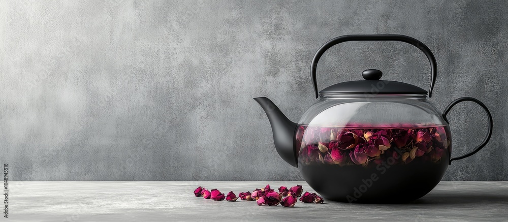 Aufkleber teapot containing a detox beverage made from dried red and pink rose flower buds tea. with copy spac
