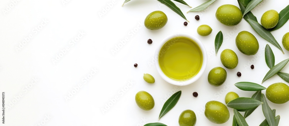 Poster frame of green olive fruit and olive oil isolated on a white background top view. with copy space im