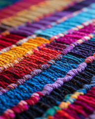 colorful woven rug texture background close up shot with vivid pink yellow red and blue colors