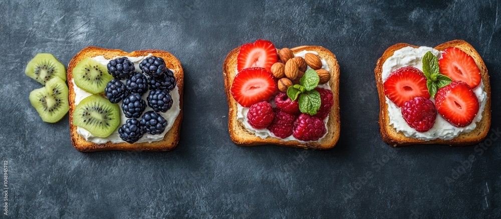 Poster Homemade summer toast topped with cream cheese nut butter and fruits and berries seen from above. with copy space image. Place for adding text or design
