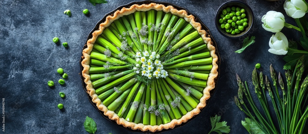Aufkleber green asparagus and sweet peas tart topped with edible chive flowers overhead view of a seasonal spr