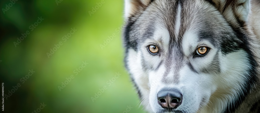 Aufkleber Close up portrait of a Siberian Husky with a white and gray coat and brown eyes set against a blurred green background. with copy space image. Place for adding text or design