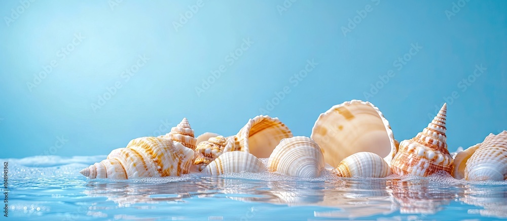 Poster seashells against a blue backdrop. with copy space image. Place for adding text or design