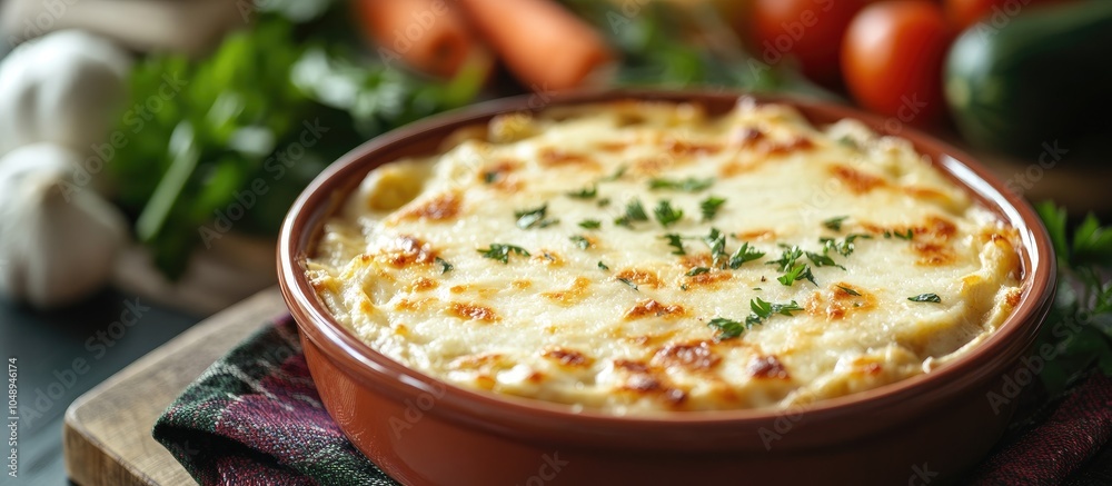 Fototapete Gratin in a round bowl placed on a vibrant napkin with fresh vegetables in the background. with copy space image. Place for adding text or design