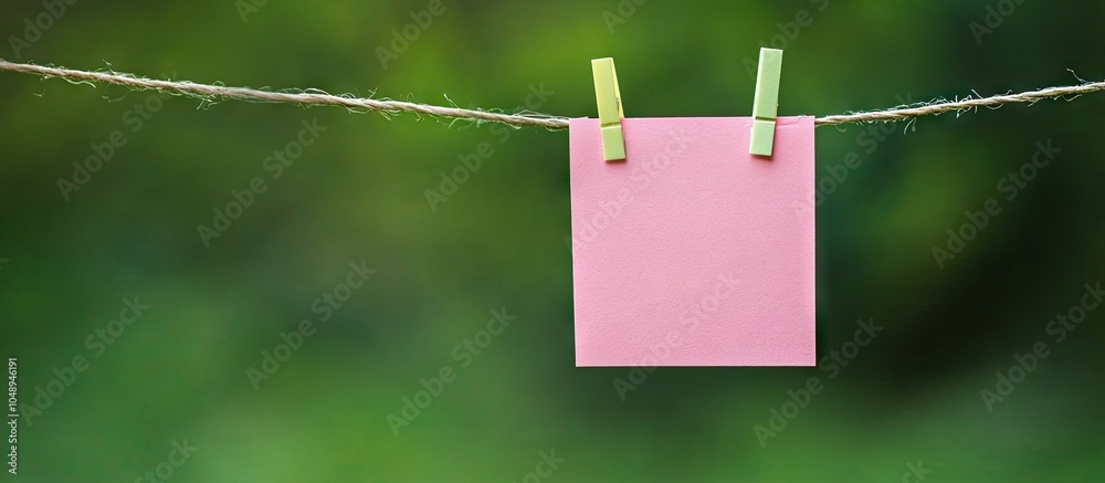 Leinwandbilder blank pink paper note hanging on a clothesline against a green background. with copy space image. pl