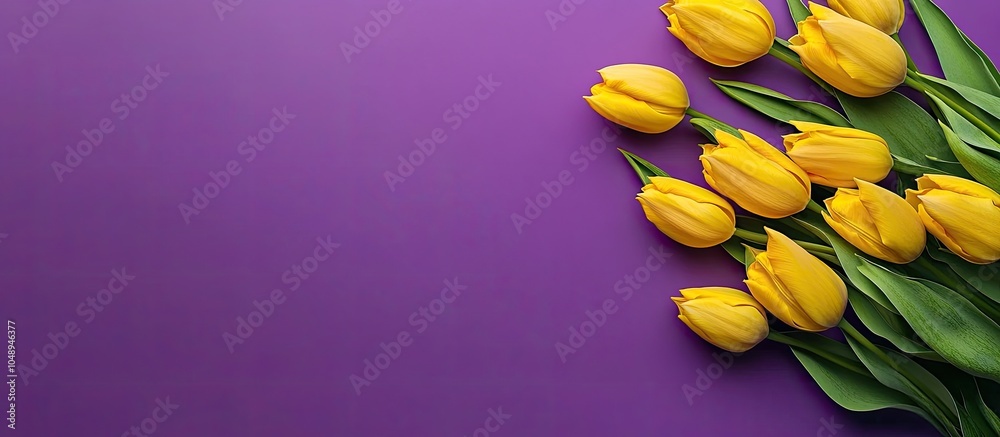 Leinwandbilder yellow tulips on a purple backdrop flat lay top view valentine s background. with copy space image. 